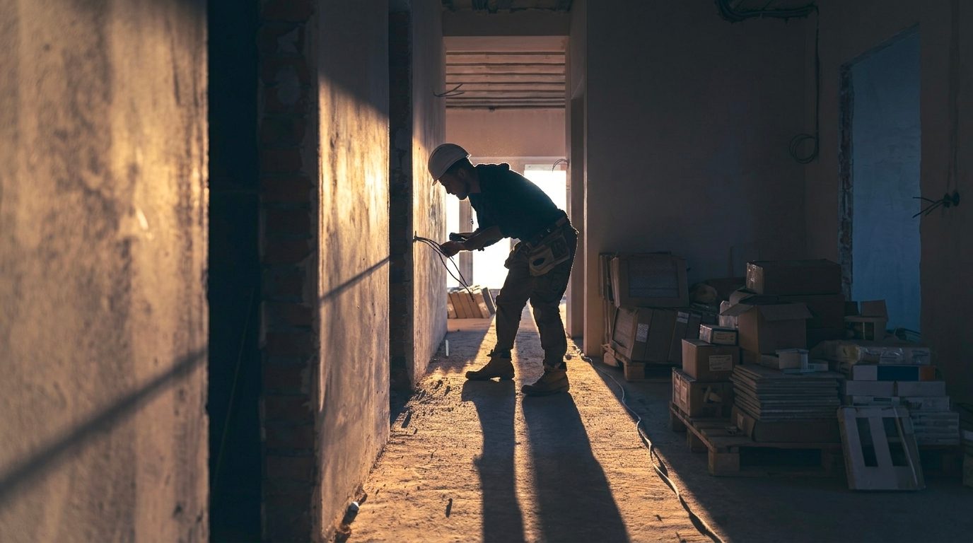 Elettricista al lavoro durante una ristrutturazione completa di un appartamento in provincia di Varese